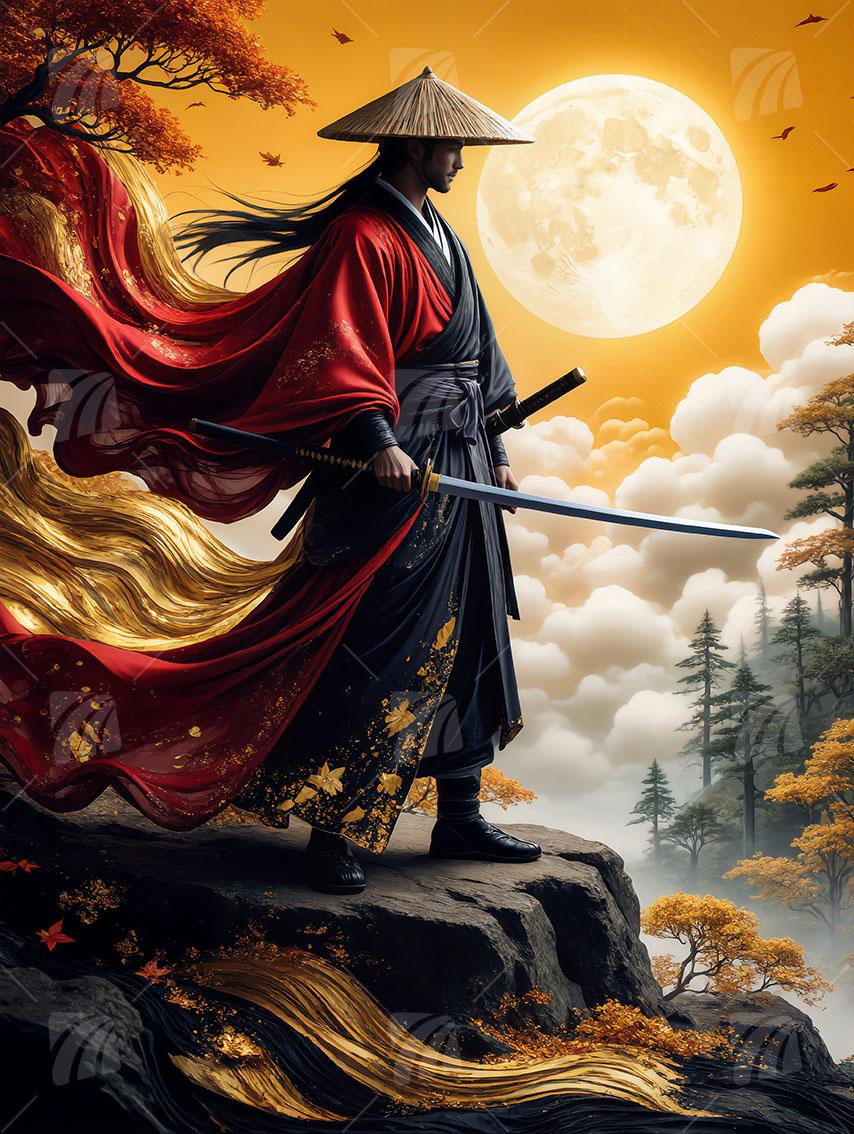 Moonlit Samurai Krieger Wandbild auf Aluminium Dibond Spanntuch