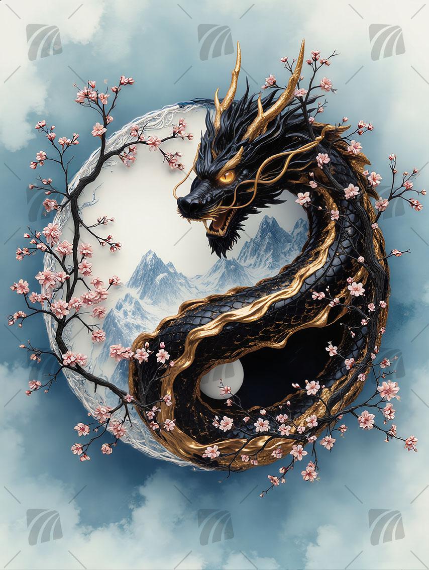 Dragon Blossom Mythisch Wandbild auf Aluminium Dibond Spanntuch