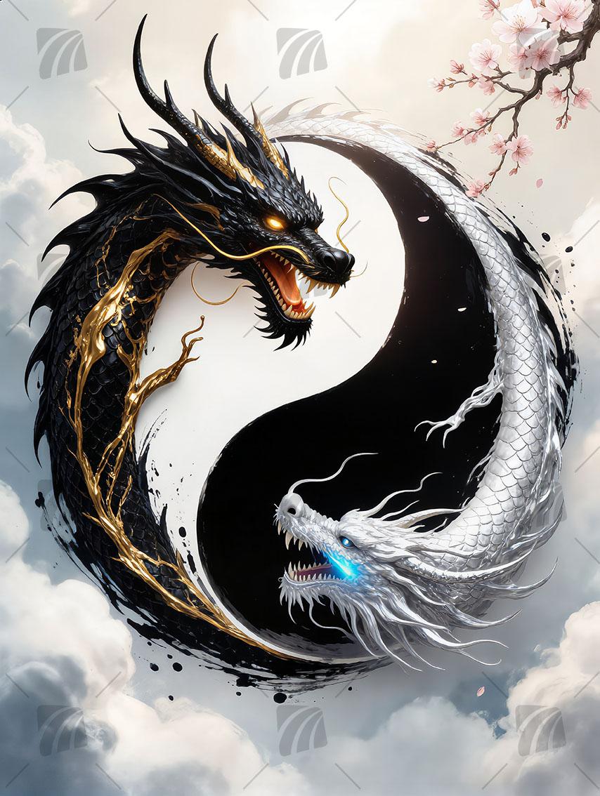 Yin Yang Dragons Mythisch Wandbild auf Aluminium Dibond Spanntuch