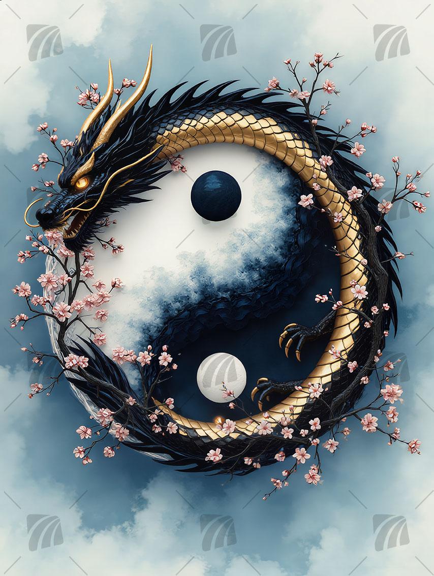 Harmony Dragon Japanische Ästhetik Wandbild auf Aluminium Dibond Spanntuch