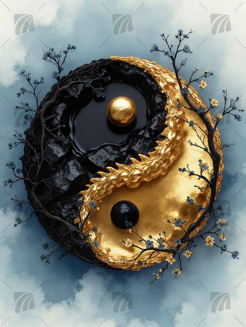 Golden Harmony Black & Gold Wandbild auf Aluminium Dibond Spanntuch