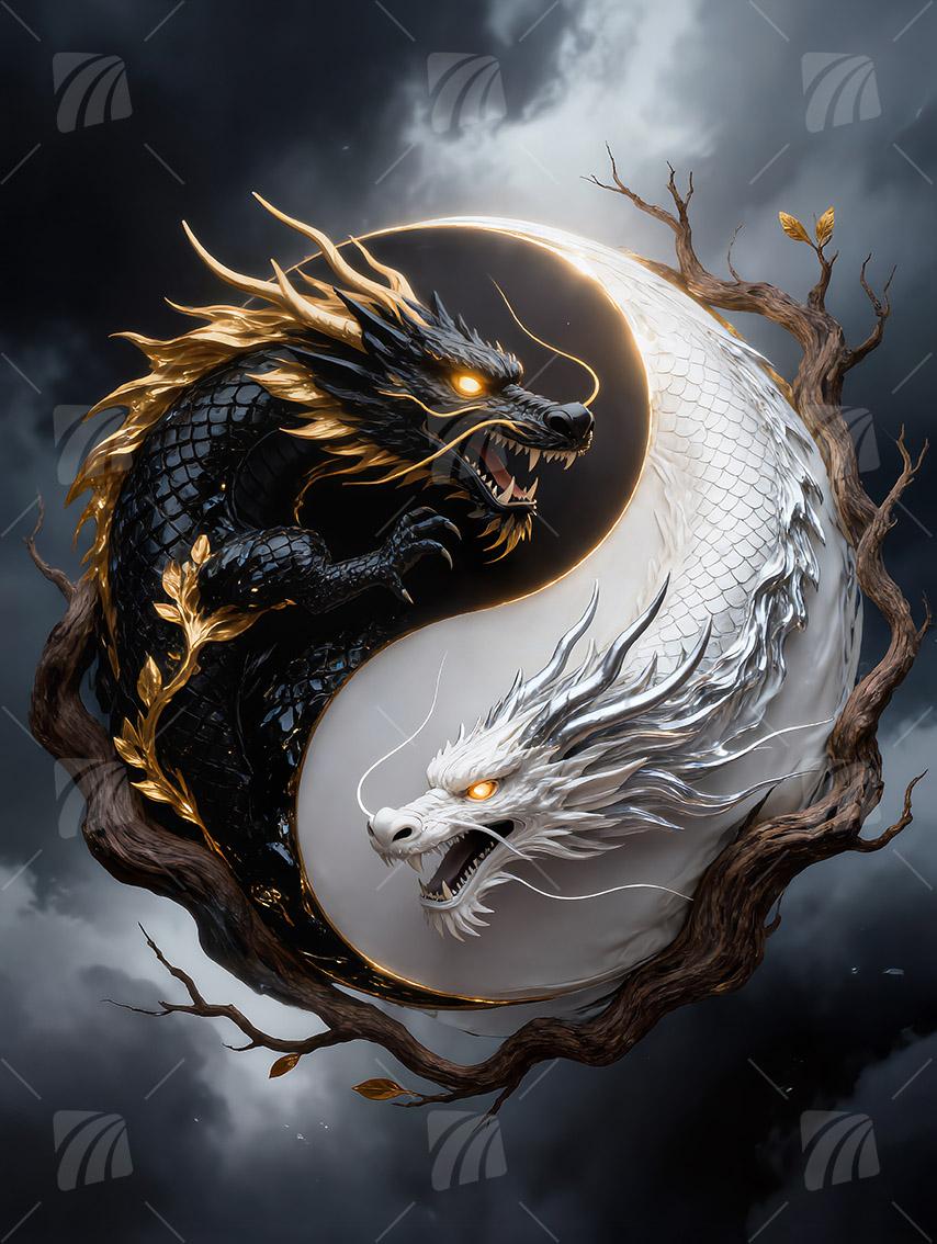 Drachen Black & Gold Wandbild auf Aluminium Dibond Spanntuch