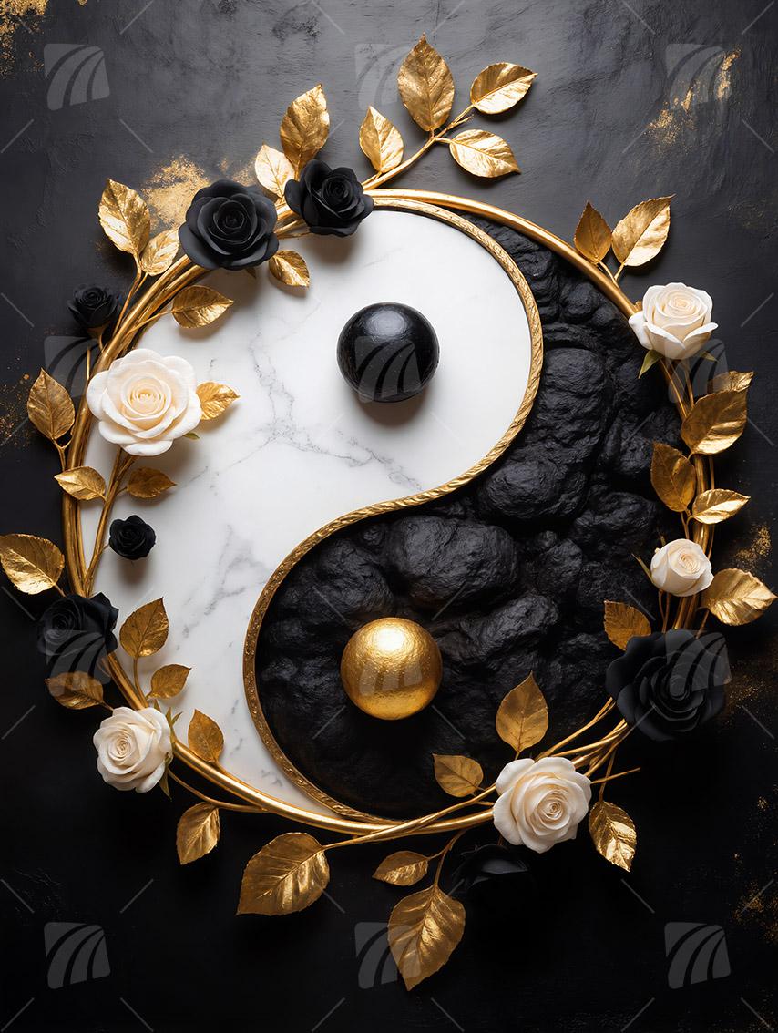 Yin-Yang Gold Black & Gold Wandbild auf Aluminium Dibond Spanntuch