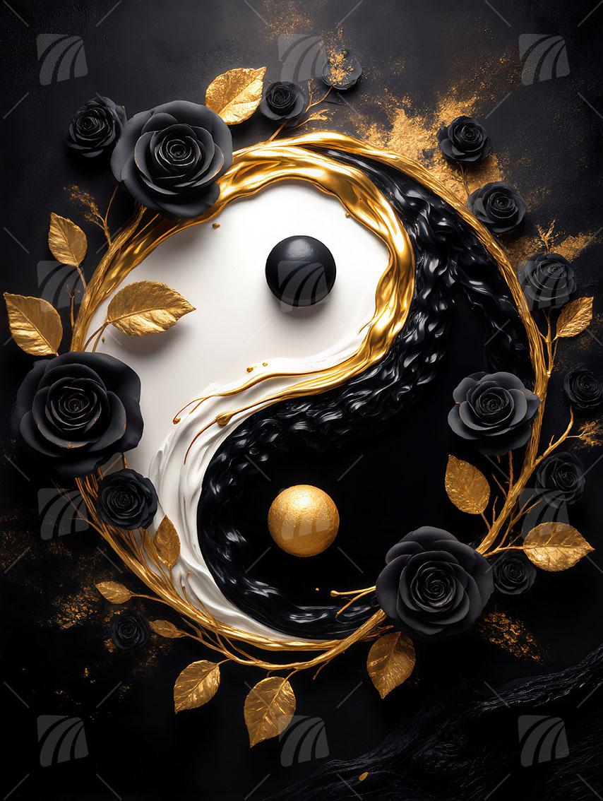 Yin-Yang- Blume Black & Gold Wandbild auf Aluminium Dibond Spanntuch