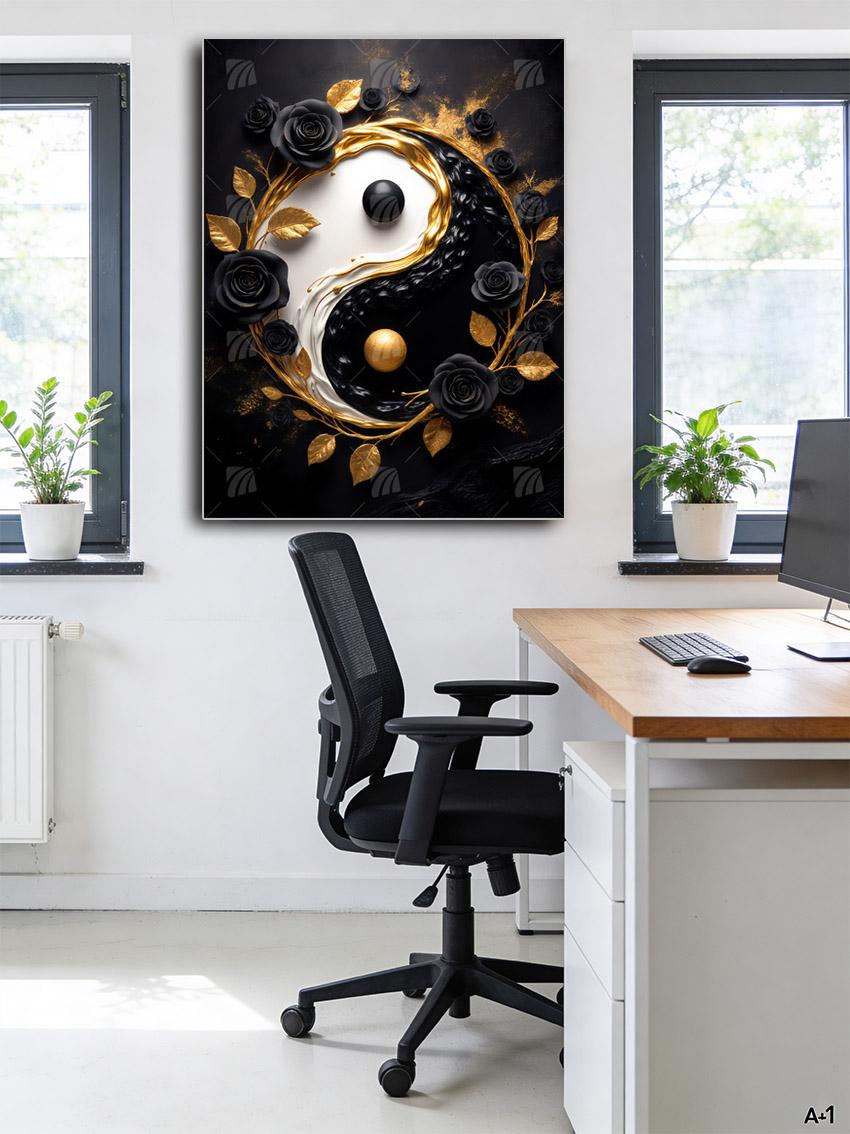 Yin-Yang- Blume Black & Gold Wandbild – Detailansicht