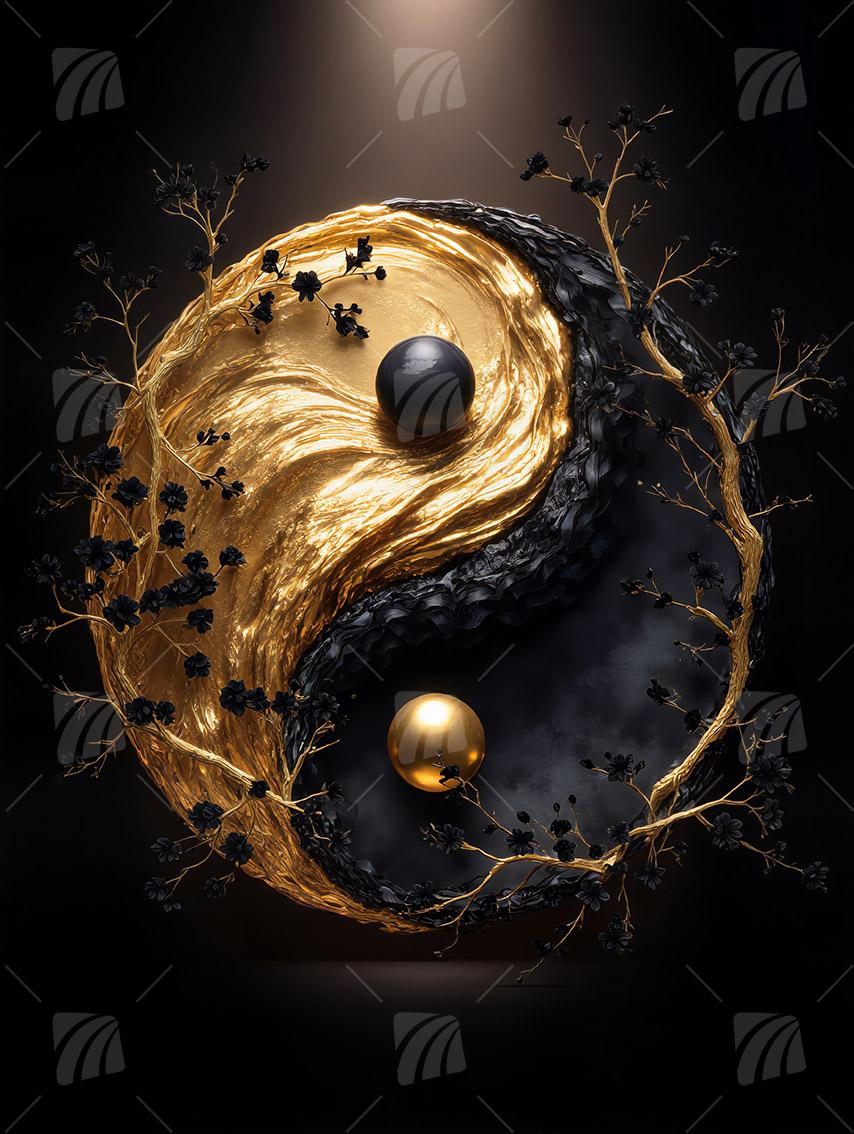 Yin -Yang- Kunstwerk Black & Gold Wandbild auf Aluminium Dibond Spanntuch