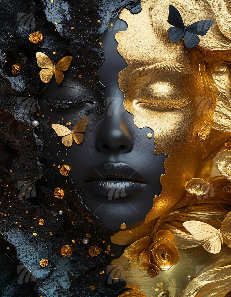 Gesicht Black & Gold Wandbild auf Aluminium Dibond Spanntuch