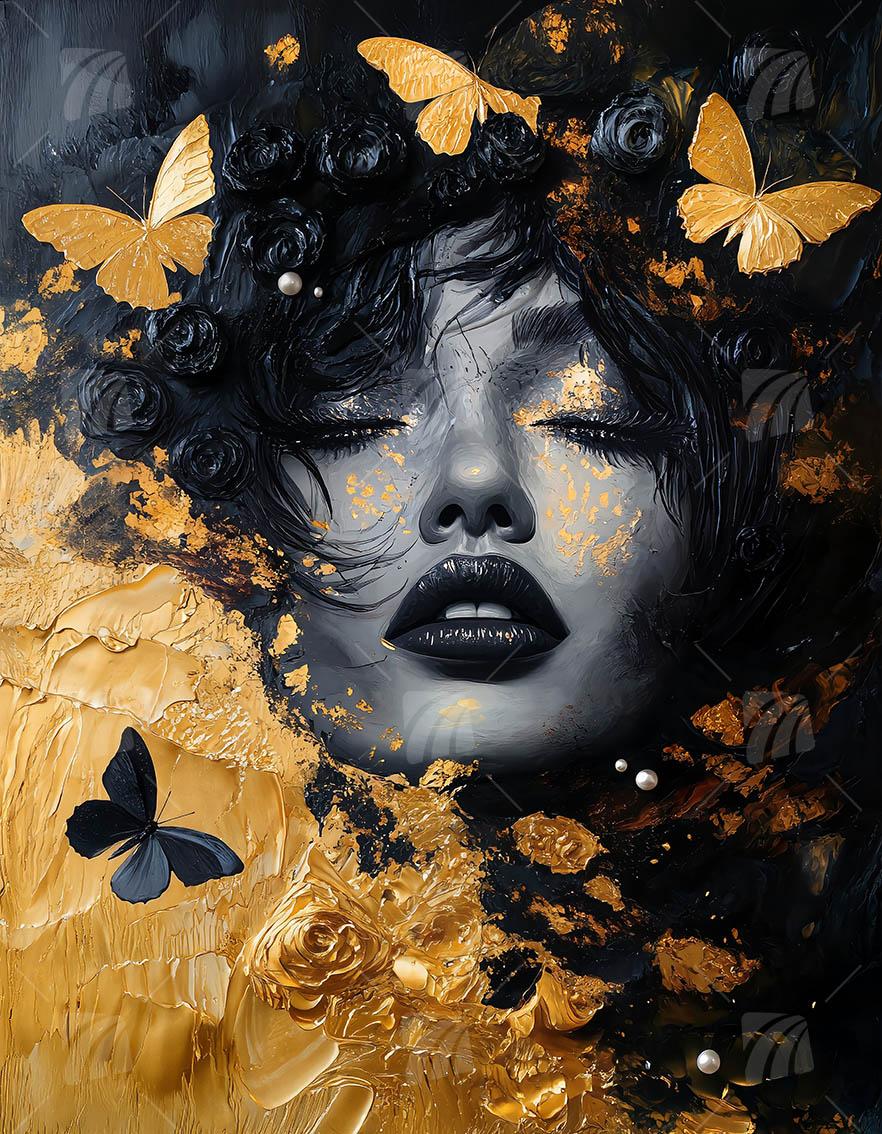 Golden Reverie Black & Gold Wandbild auf Aluminium Dibond Spanntuch