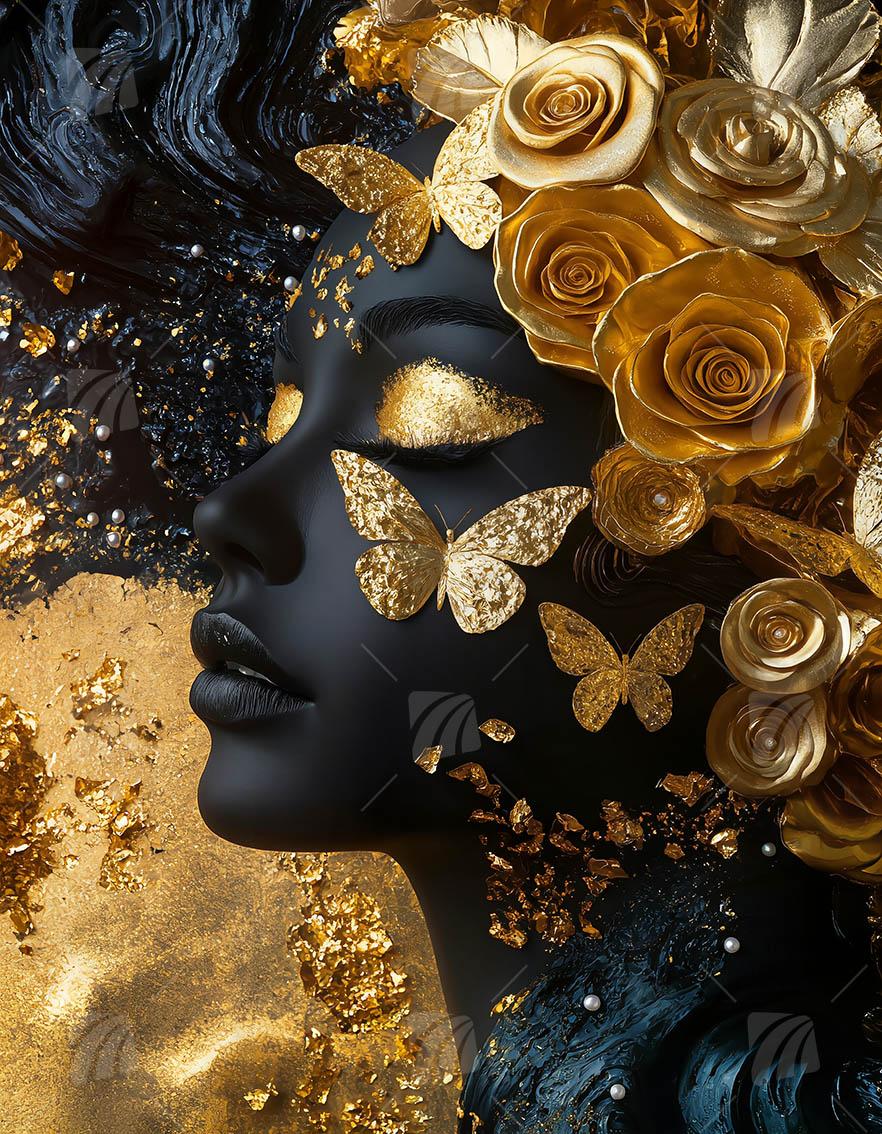 Rosen Black & Gold Wandbild auf Aluminium Dibond Spanntuch