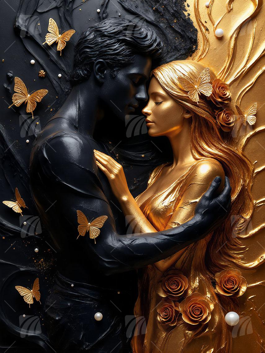 Eternal Embrace Black & Gold Wandbild auf Aluminium Dibond Spanntuch