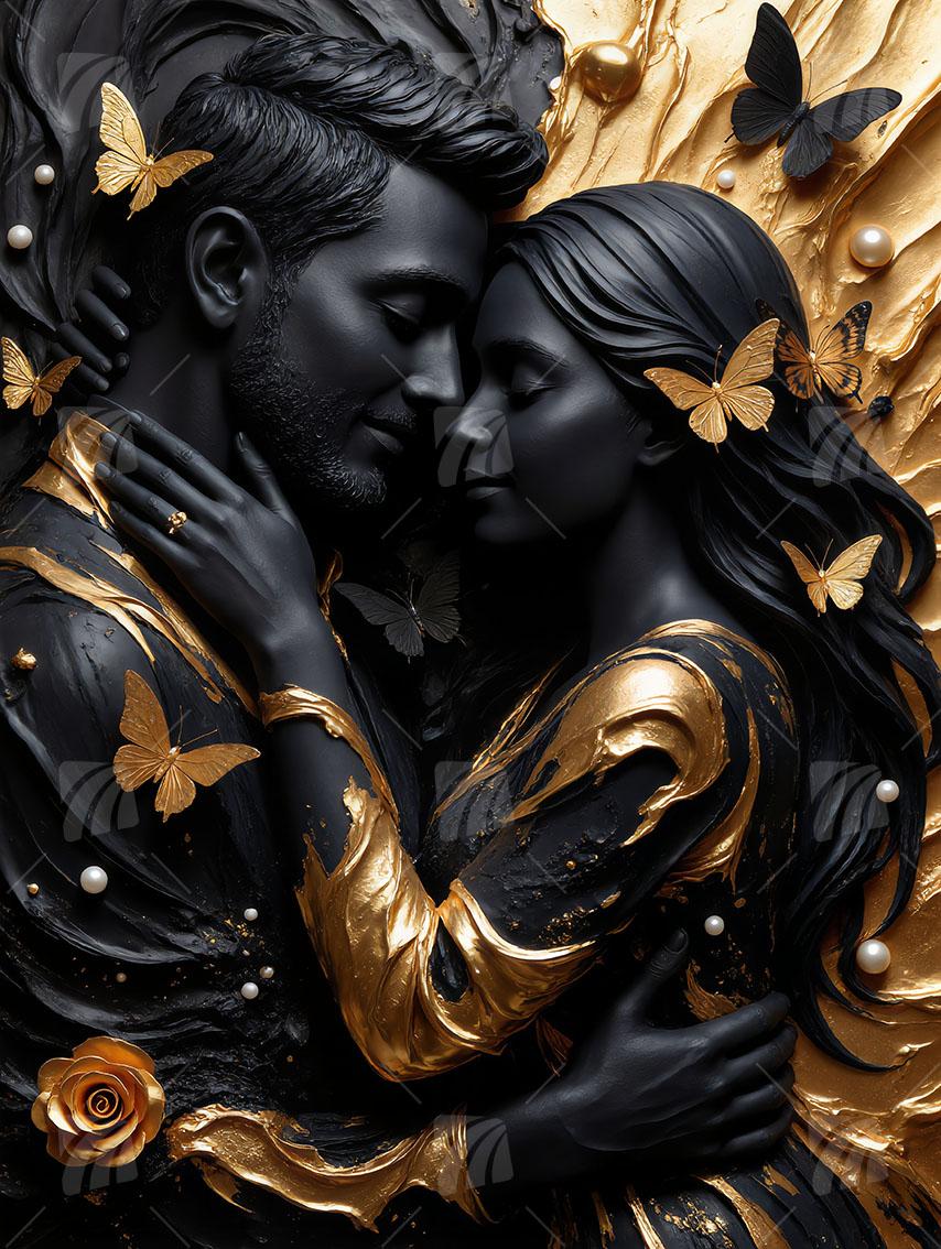 Liebe Black & Gold Wandbild auf Aluminium Dibond Spanntuch