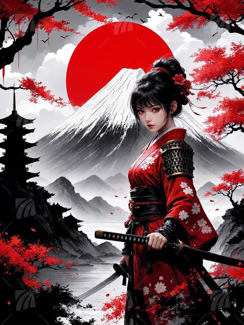 Kriegerin vor Fuji Japanische Ästhetik Wandbild auf Aluminium Dibond Spanntuch