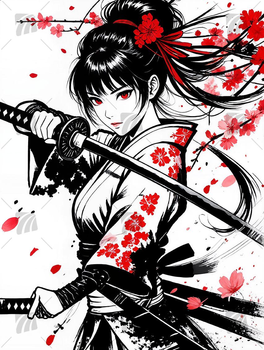 Samurai mit Kirschblüten Japanische Ästhetik Wandbild auf Aluminium Dibond Spanntuch