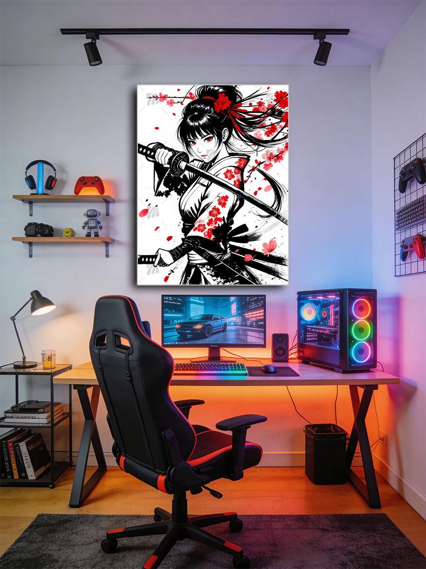 Samurai mit Kirschblüten Japanische Ästhetik Wandbild – Detailansicht