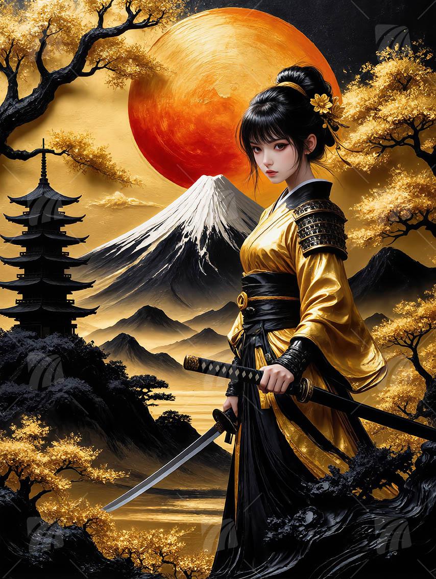 Samurai Frau mit Katana Japanische Ästhetik Wandbild auf Aluminium Dibond Spanntuch