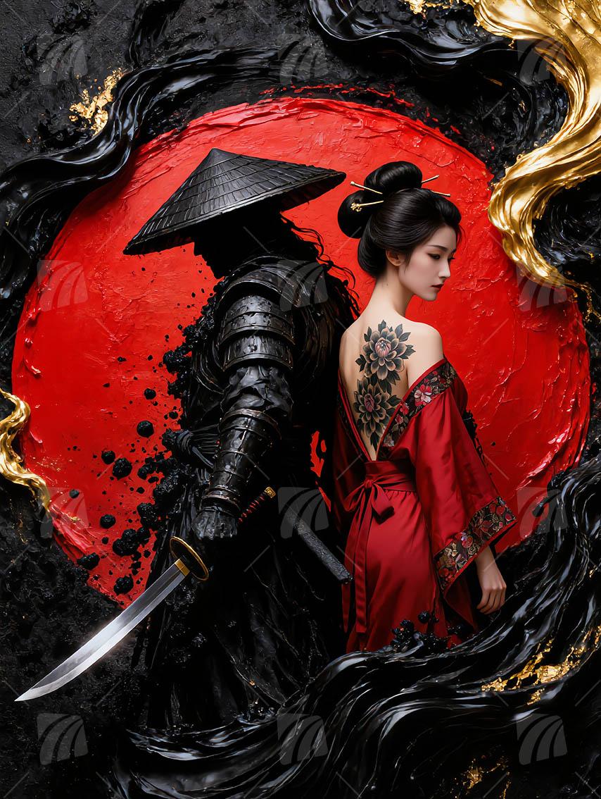 Samurai und Geisha Kunst Black & Gold Wandbild auf Aluminium Dibond Spanntuch