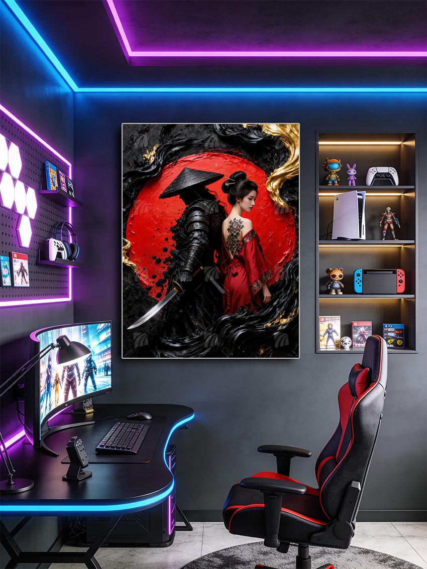 Samurai und Geisha Kunst Black & Gold Wandbild – Detailansicht