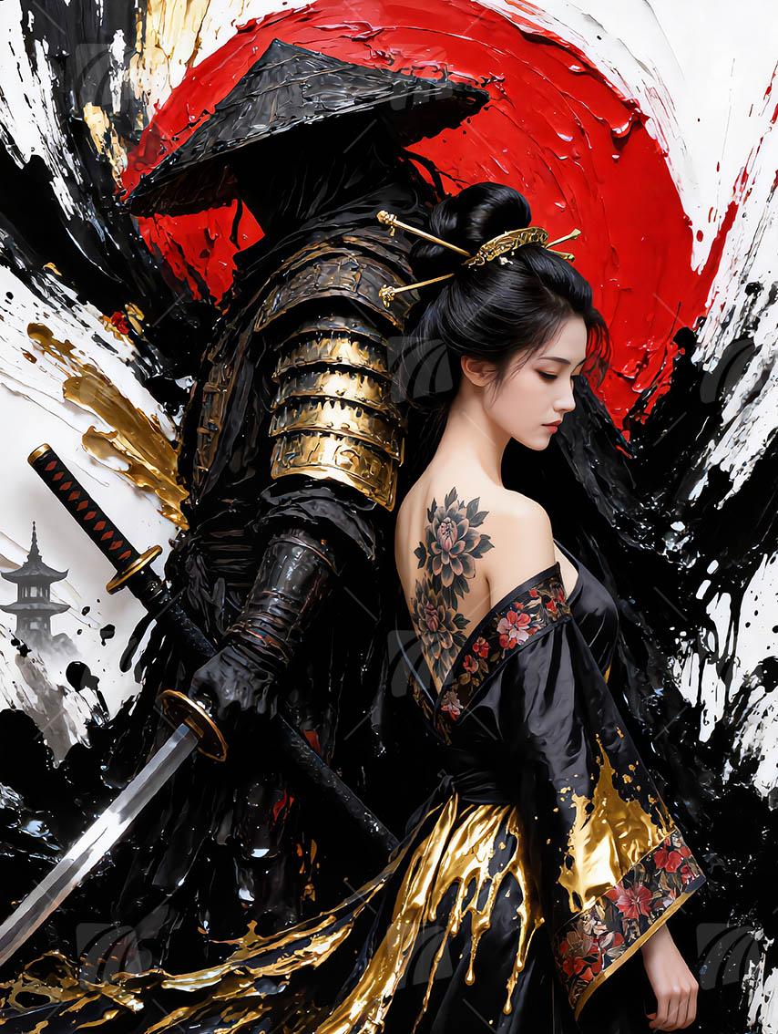 Krieger und Geisha Komposition Black & Gold Wandbild auf Aluminium Dibond Spanntuch