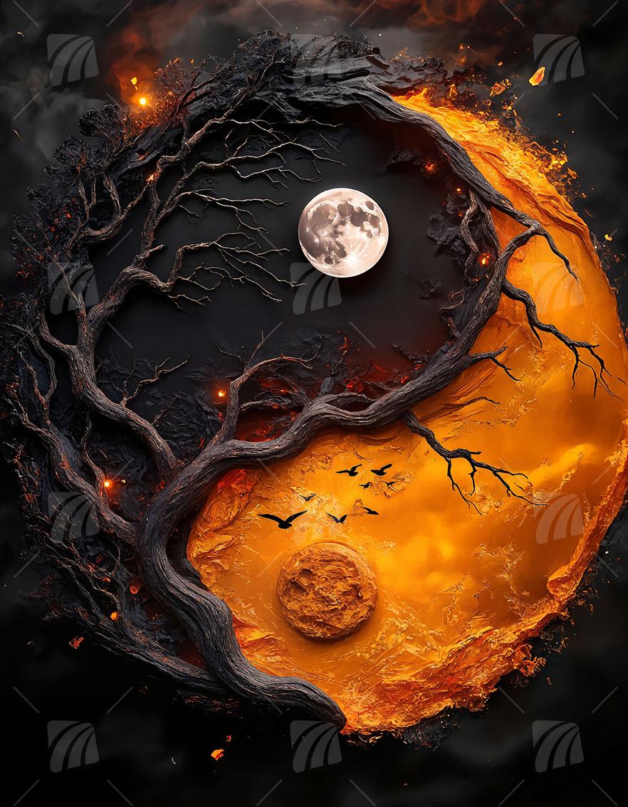 Yin Yang Naturgewalten Mythisch Wandbild auf Aluminium Dibond Spanntuch