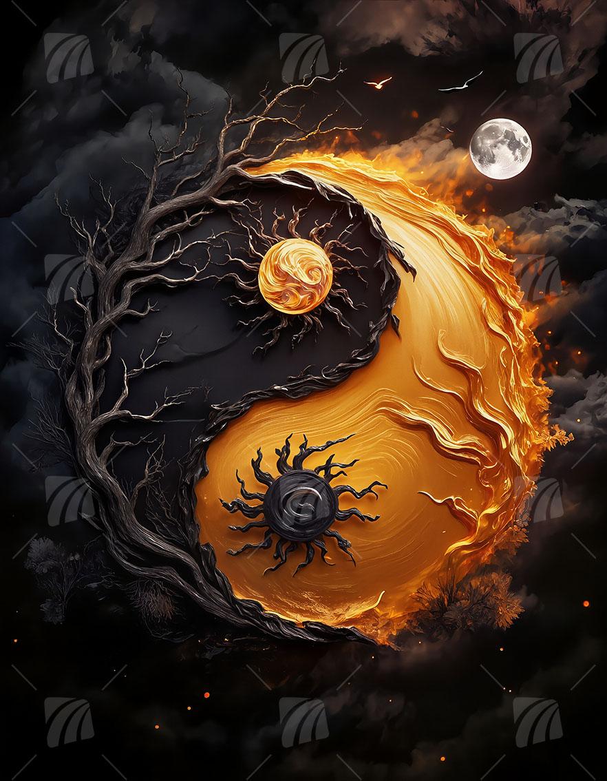 Yin und Yang Elemente Japanische Ästhetik Wandbild auf Aluminium Dibond Spanntuch