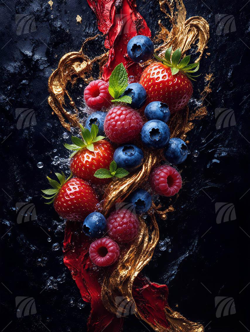 Beeren mit Golddetails kitchen Wandbild auf Aluminium Dibond Spanntuch