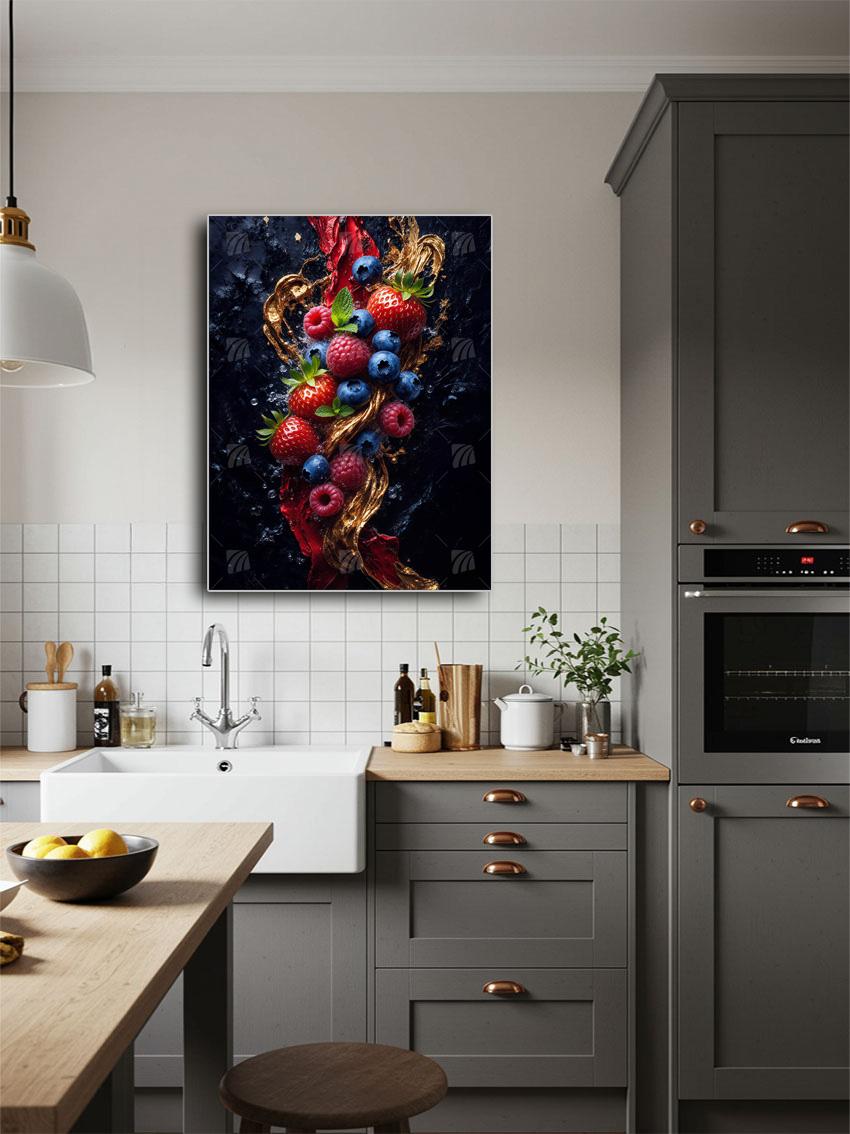 Beeren mit Golddetails kitchen Wandbild – Detailansicht