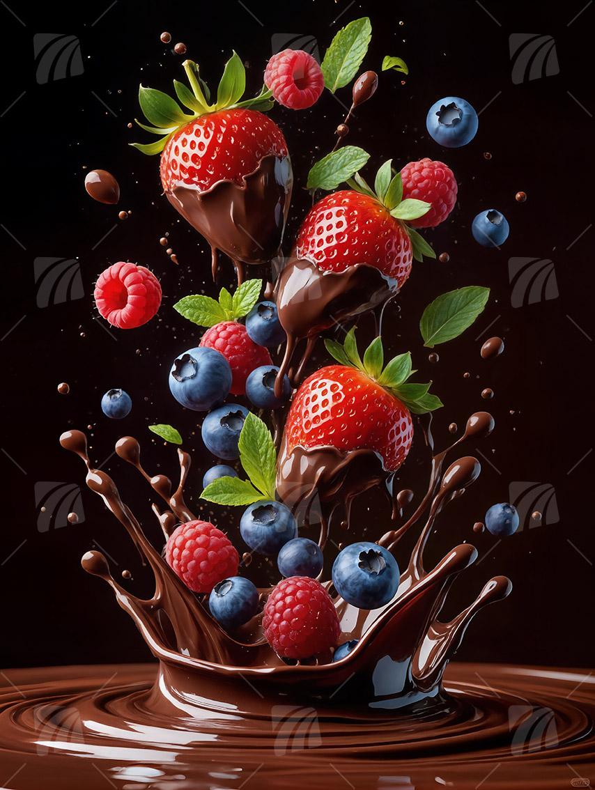 Früchte in Schokolade kitchen Wandbild auf Aluminium Dibond Spanntuch
