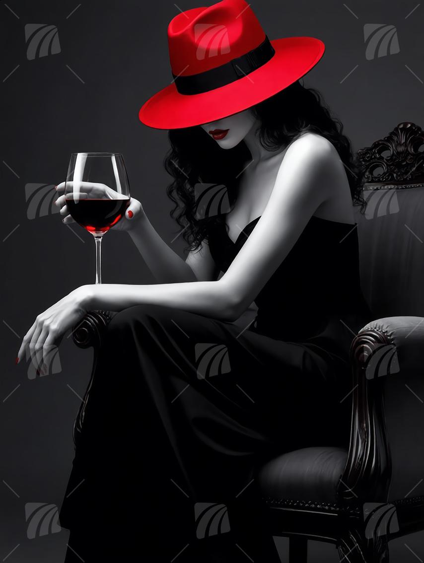 Frau mit rotem Hut Mystische Weiblichkeit Wandbild auf Aluminium Dibond Spanntuch