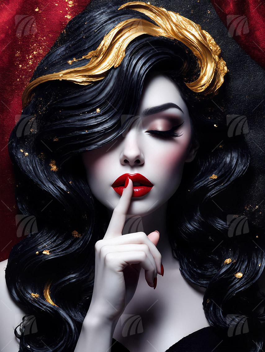 Elegante Frau mit Goldsträhne Mystische Weiblichkeit Wandbild auf Aluminium Dibond Spanntuch