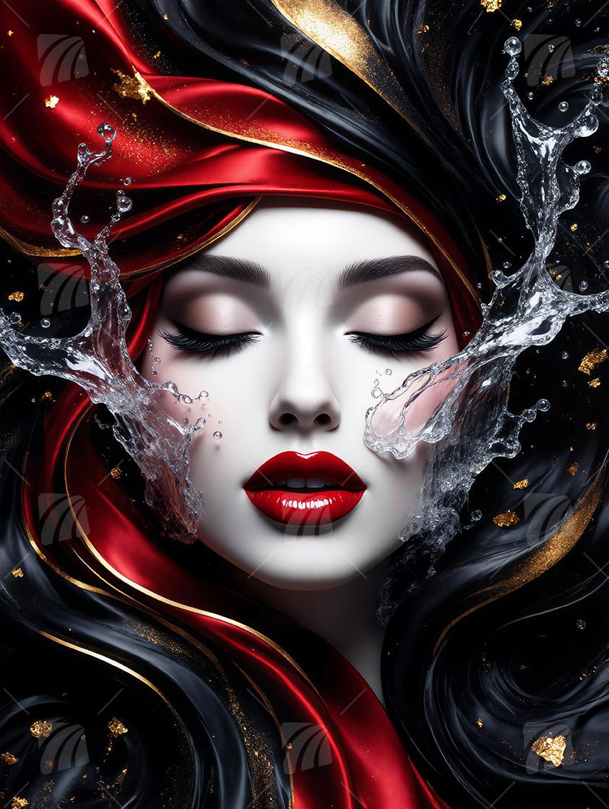 Elegantes Gesicht mit Wasser Mystische Weiblichkeit Wandbild auf Aluminium Dibond Spanntuch