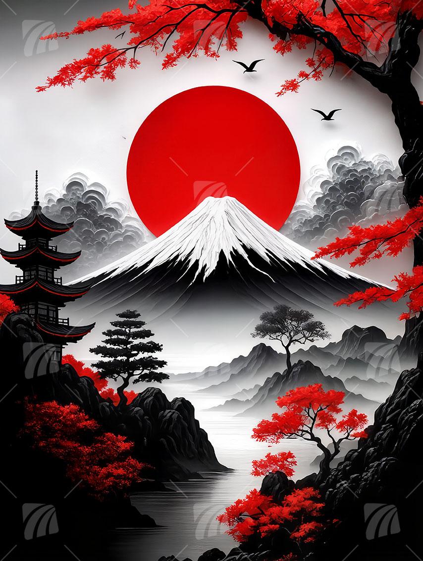 Japanische Landschaft mit Sonnenaufgang Japanische Ästhetik Wandbild auf Aluminium Dibond Spanntuch