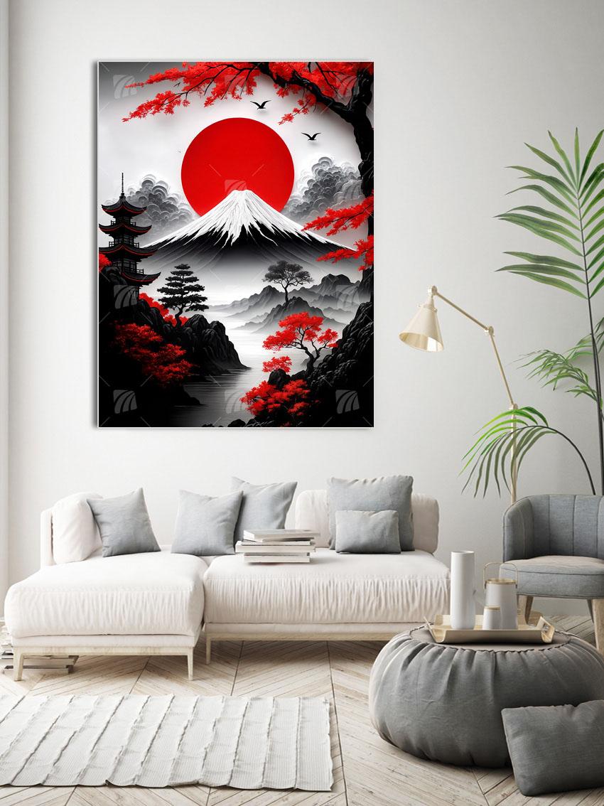 Japanische Landschaft mit Sonnenaufgang Japanische Ästhetik Wandbild – Detailansicht