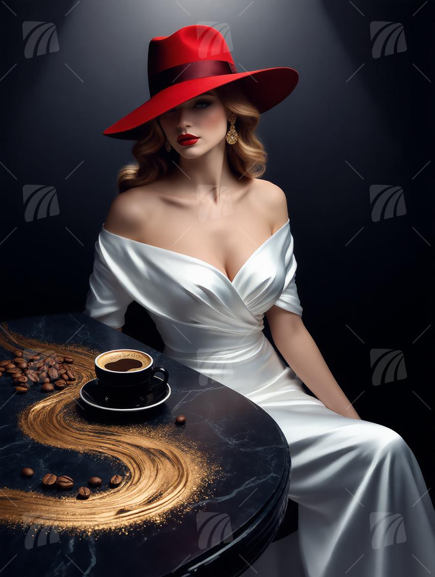 Elegante Dame mit rotem Hut Mystische Weiblichkeit Wandbild auf Aluminium Dibond Spanntuch