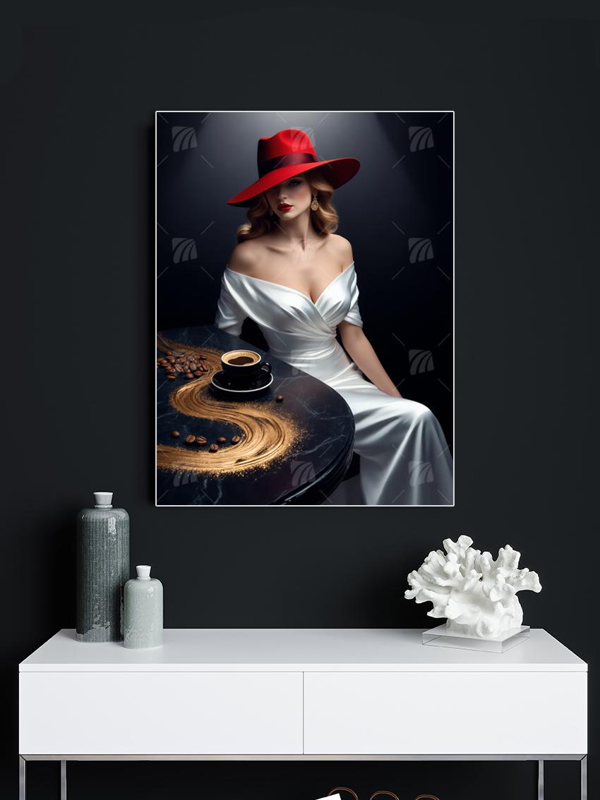 Elegante Dame mit rotem Hut Mystische Weiblichkeit Wandbild – Detailansicht