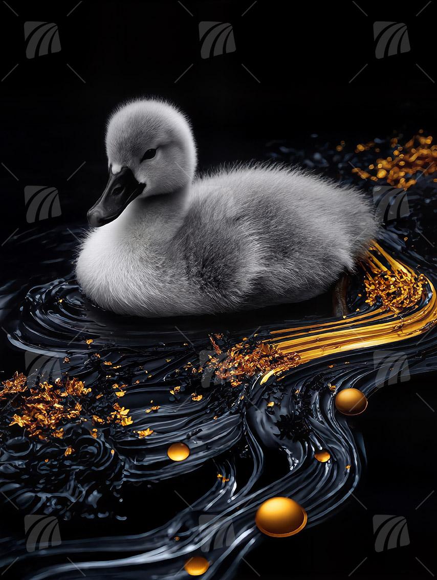 Schwanenküken auf schwarzem Wasser Black & Gold Wandbild auf Aluminium Dibond Spanntuch