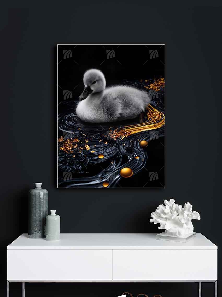 Schwanenküken auf schwarzem Wasser Black & Gold Wandbild – Detailansicht