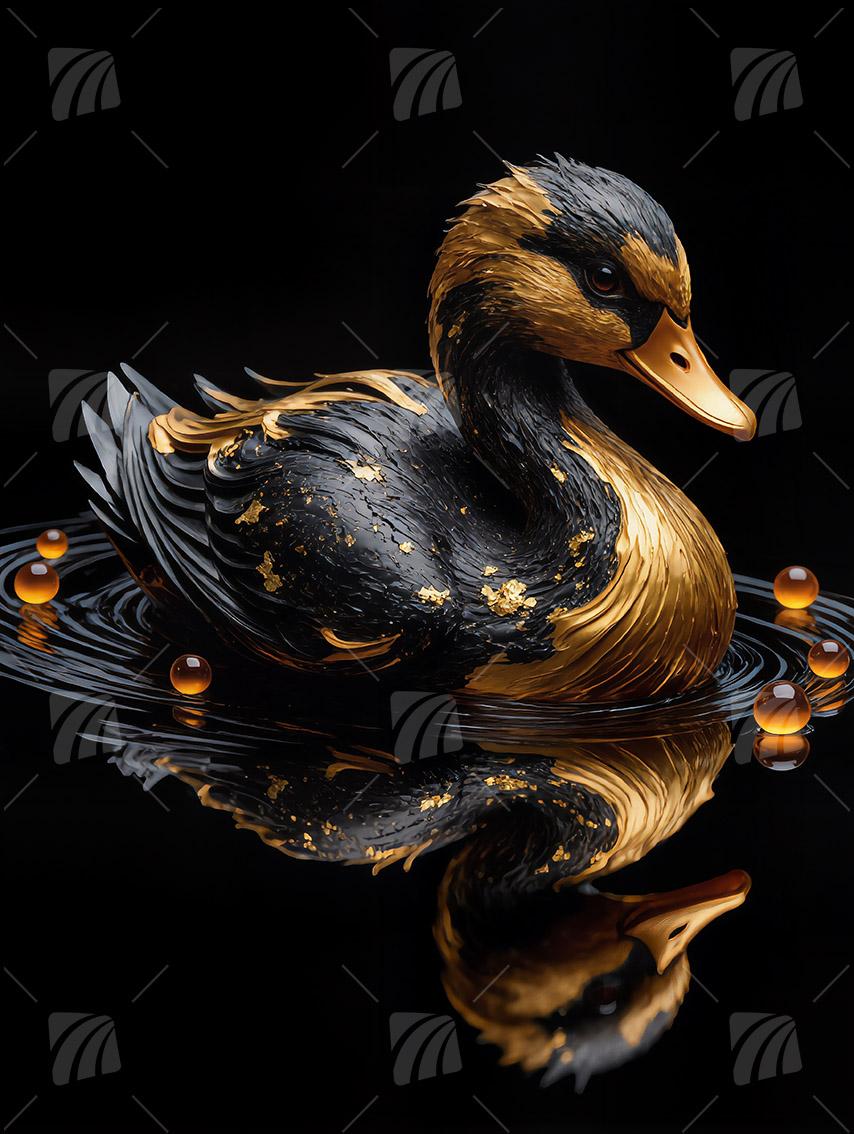 Goldene Ente Skulptur Black & Gold Wandbild auf Aluminium Dibond Spanntuch