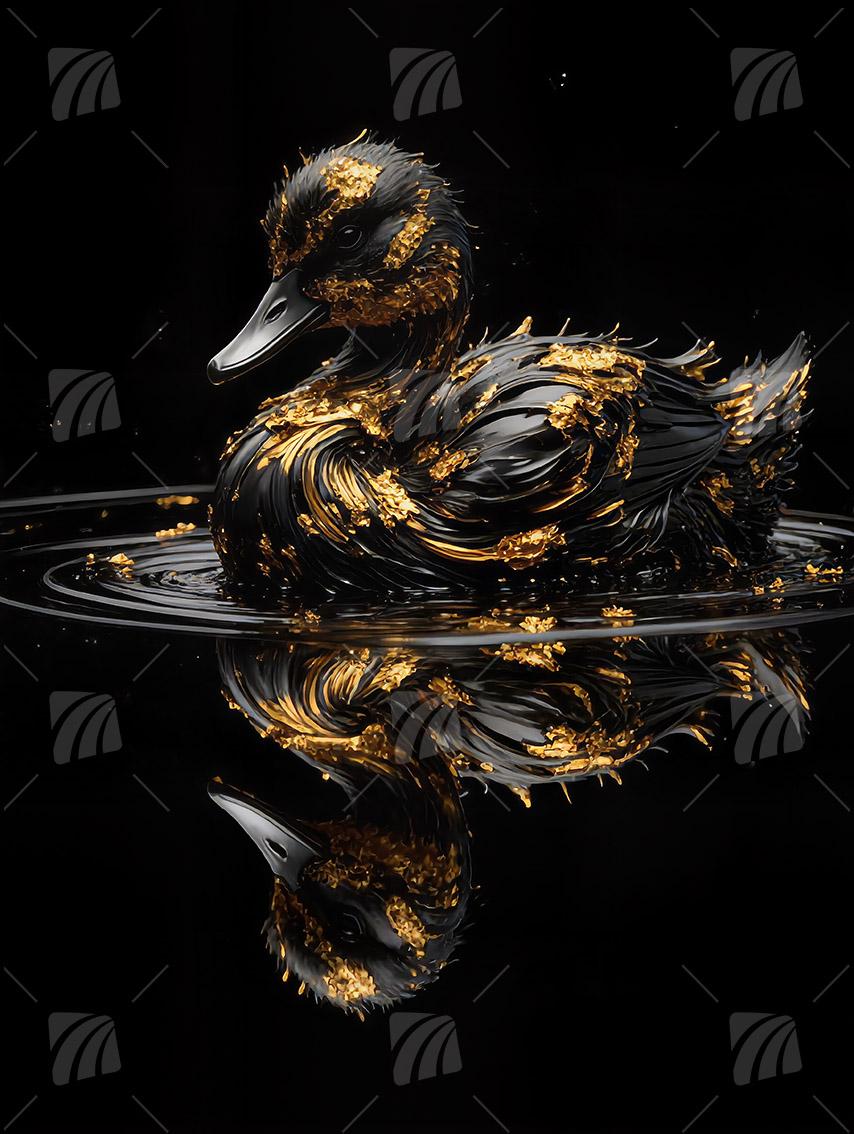Schwarze Ente mit Goldakzenten Black & Gold Wandbild auf Aluminium Dibond Spanntuch