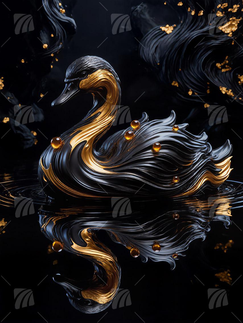  Schwan mit Goldakzenten Black & Gold Wandbild auf Aluminium Dibond Spanntuch
