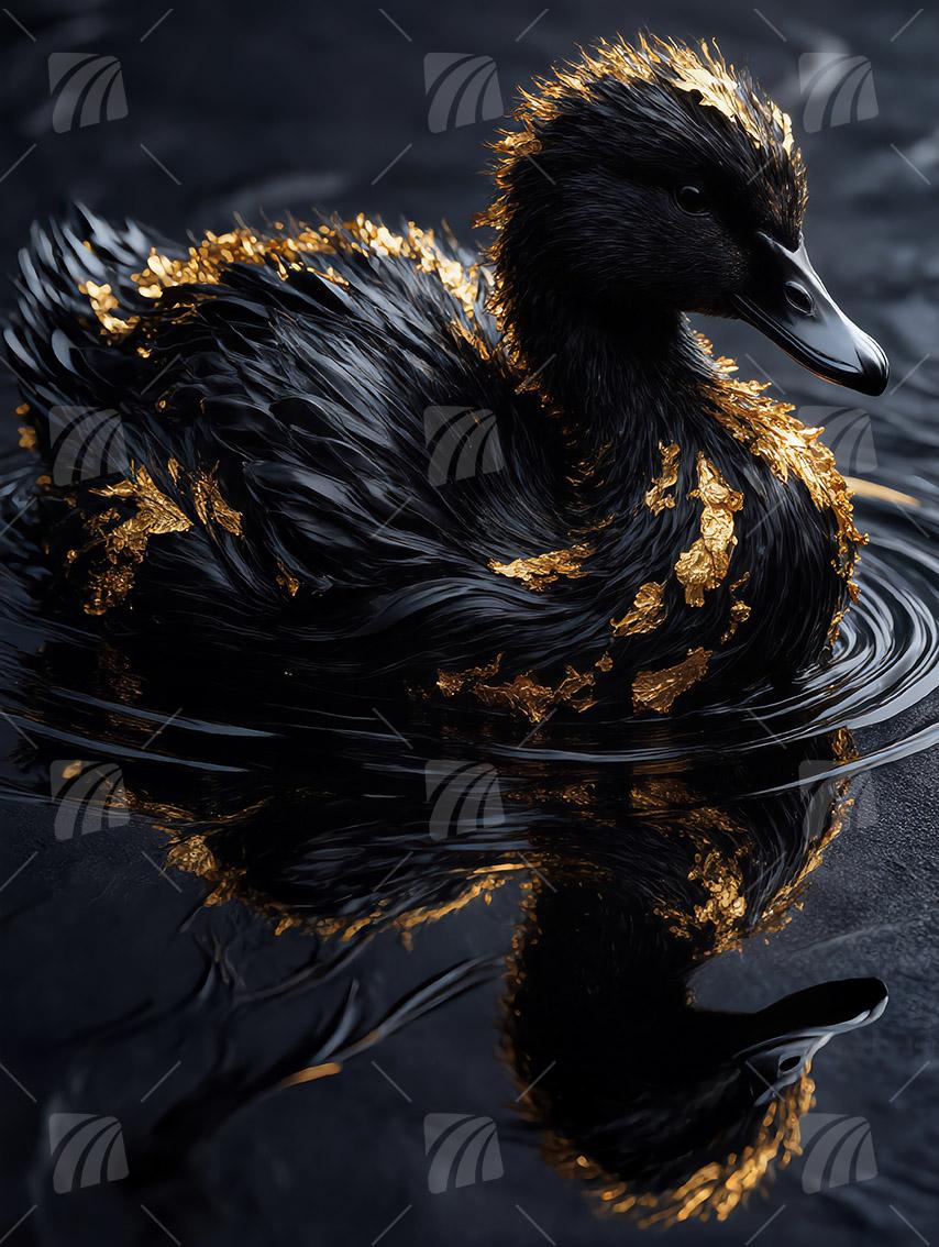  Schwan  Black & Gold Wandbild auf Aluminium Dibond Spanntuch