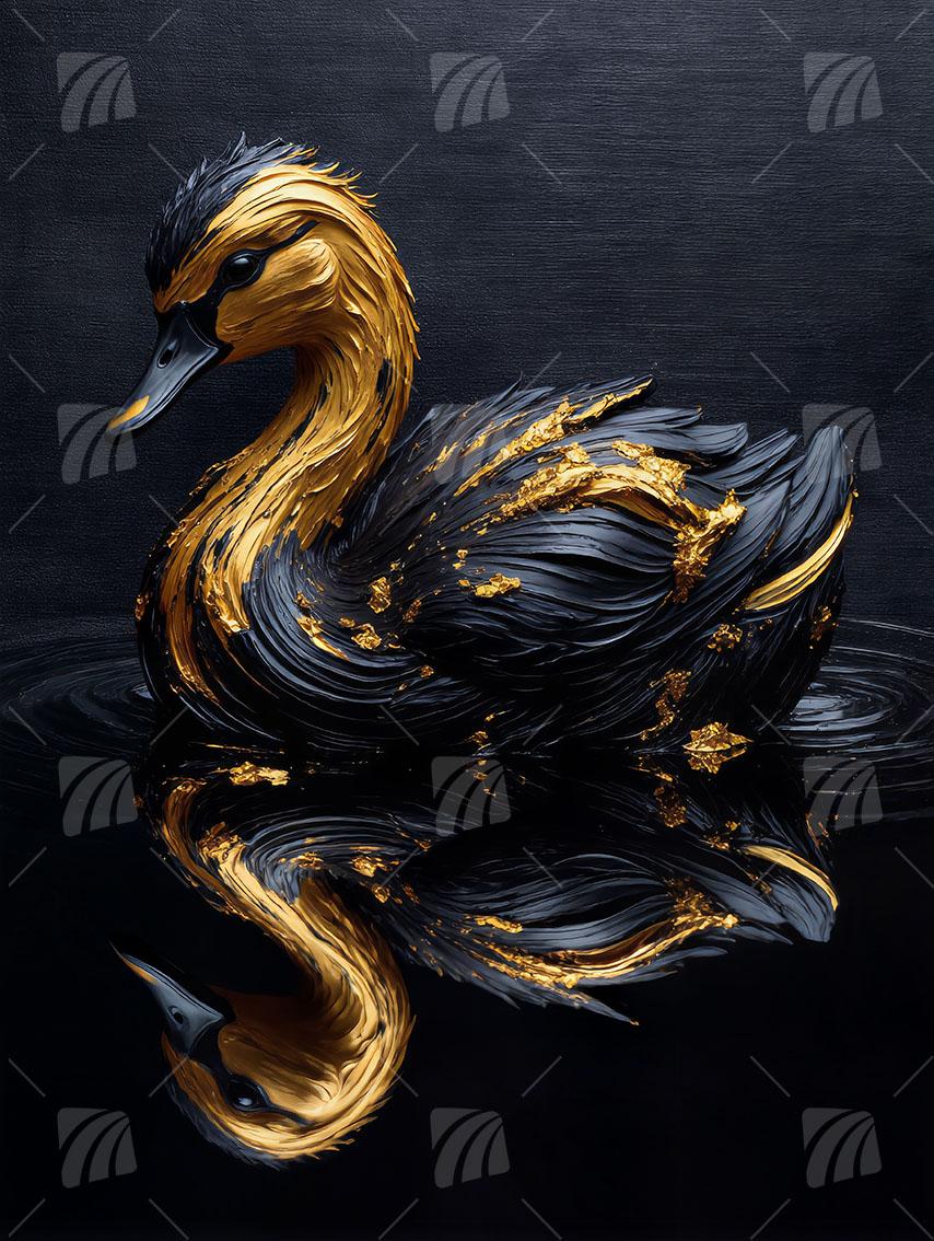 Goldener Schwan Black & Gold Wandbild auf Aluminium Dibond Spanntuch