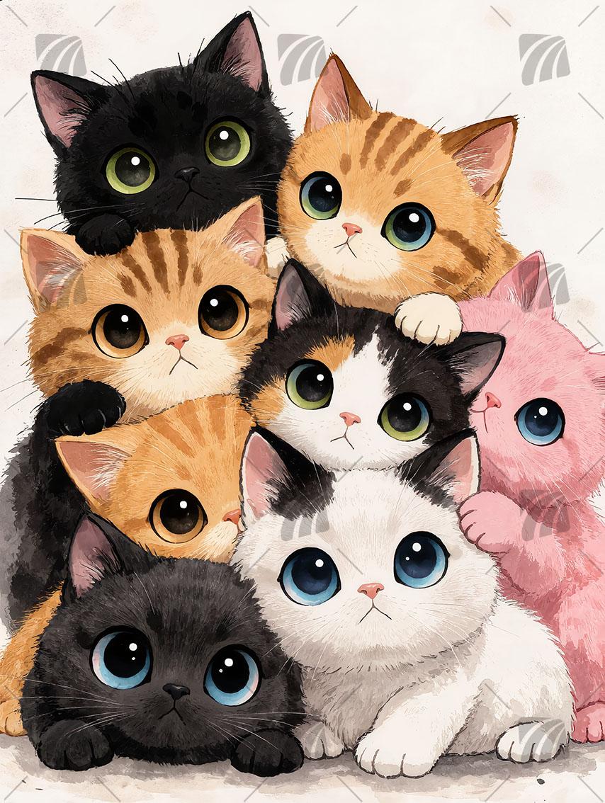 Niedliche Katzenillustration Tiere Wandbild auf Aluminium Dibond Spanntuch