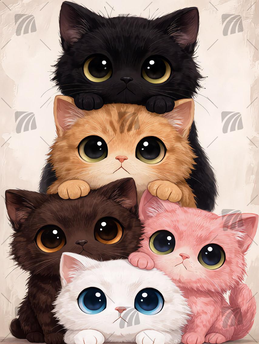 Niedliche Katzenfamilie Tiere Wandbild auf Aluminium Dibond Spanntuch