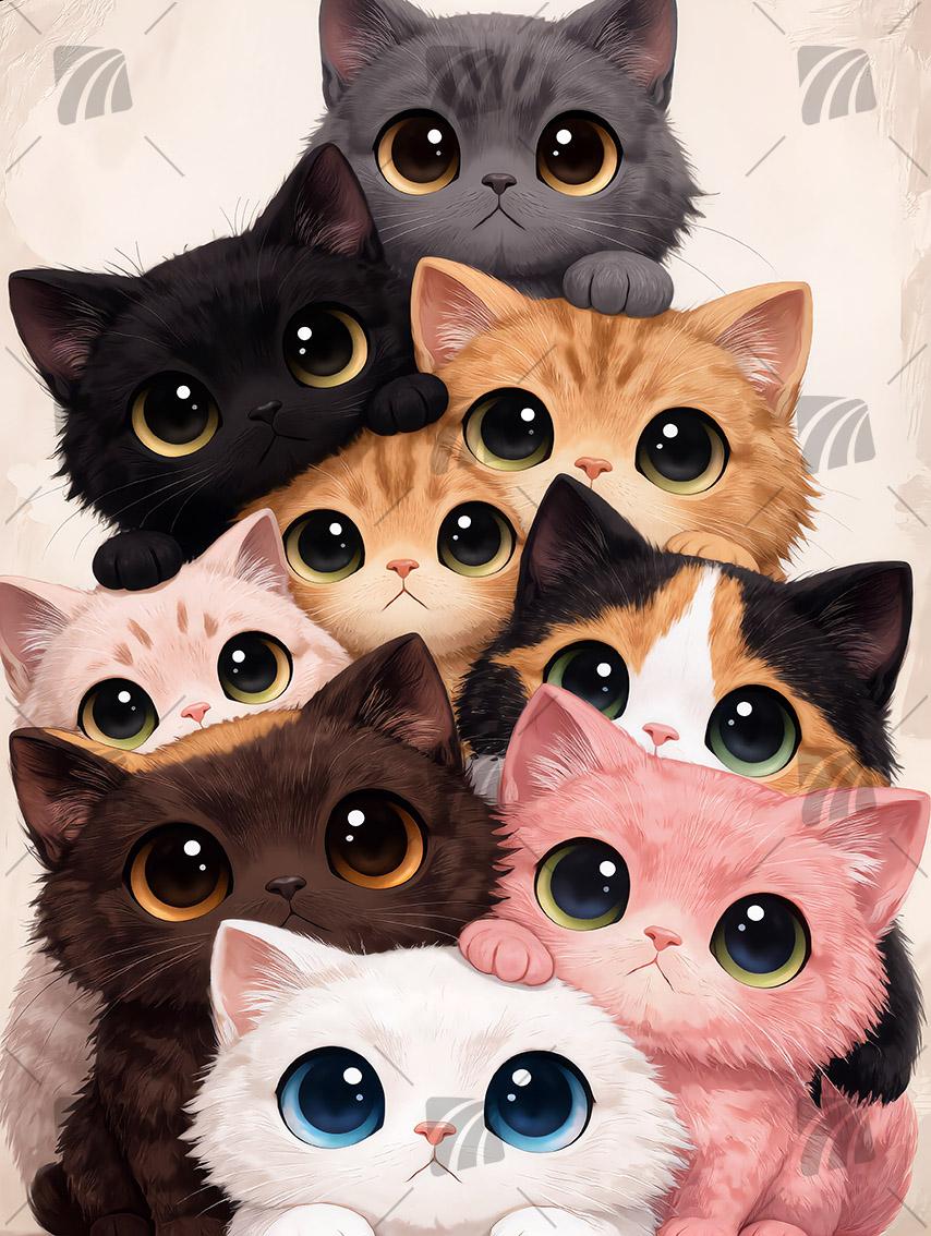 Niedliche Katzenversammlung Tiere Wandbild auf Aluminium Dibond Spanntuch