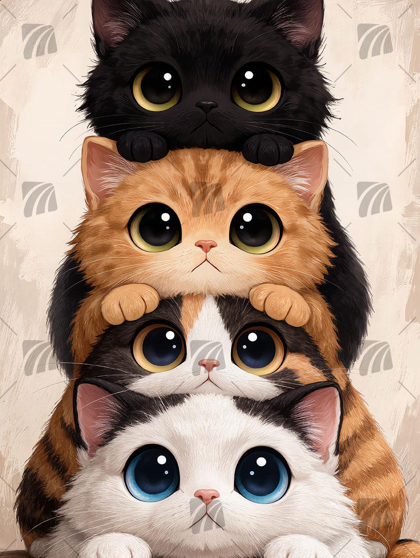 Vier Katzenstapel Tiere Wandbild auf Aluminium Dibond Spanntuch