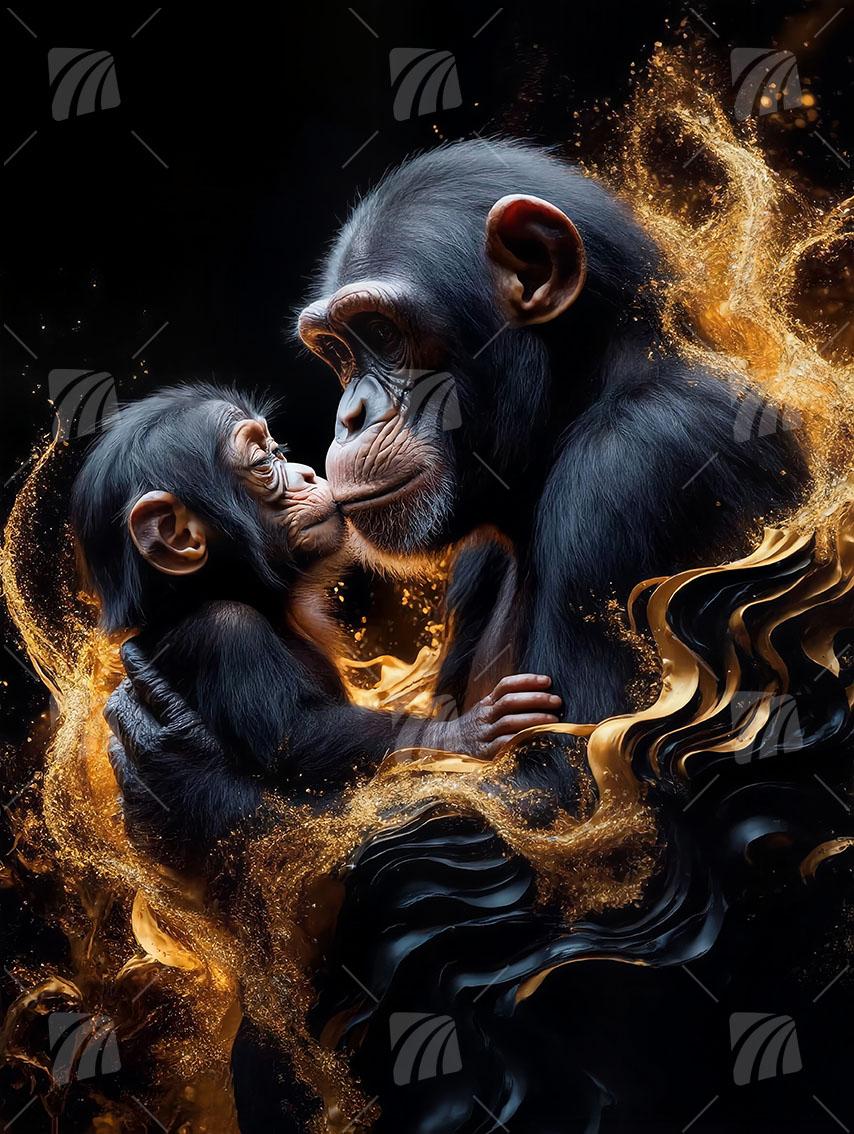 zwei Affen Black & Gold Wandbild auf Aluminium Dibond Spanntuch