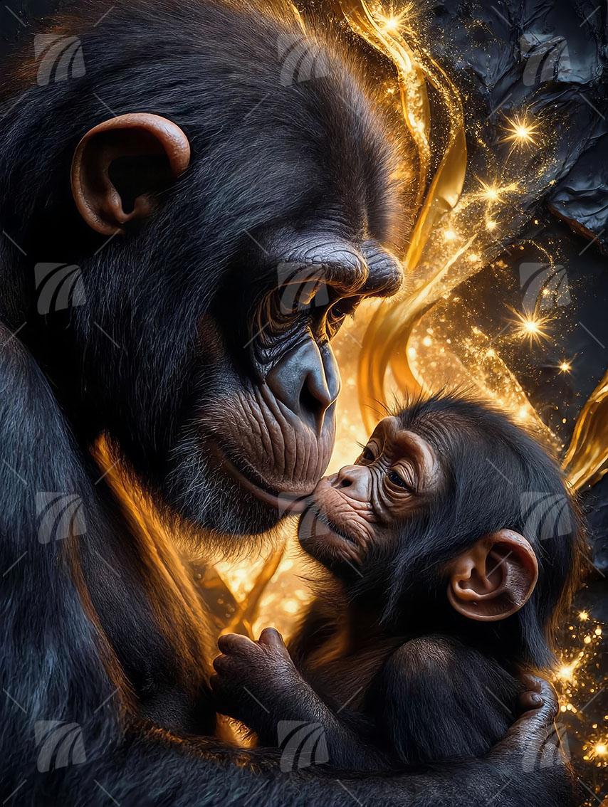 Gorilla-Porträt, Black & Gold Wandbild auf Aluminium Dibond Spanntuch