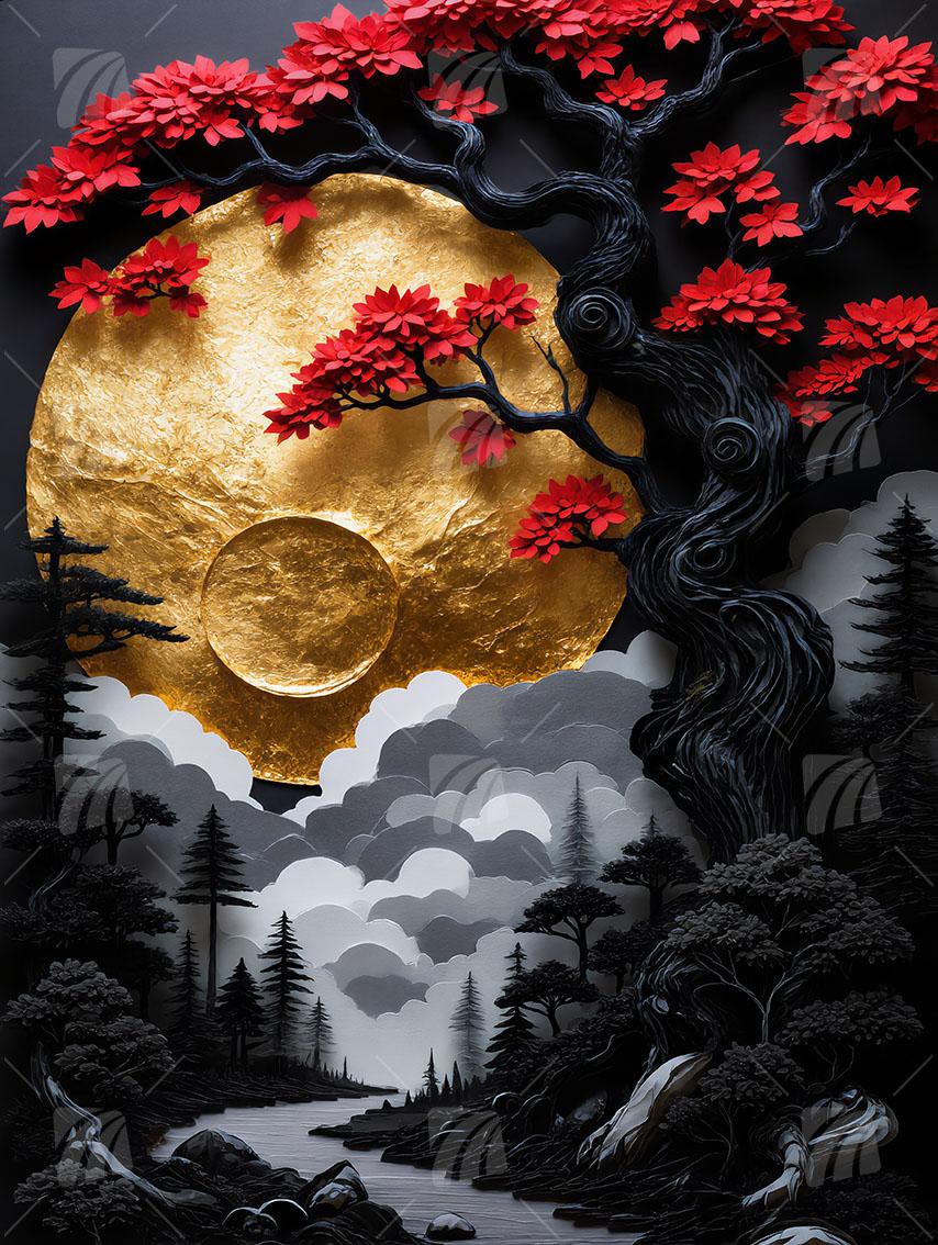 Blättern Japanische Ästhetik Wandbild auf Aluminium Dibond Spanntuch