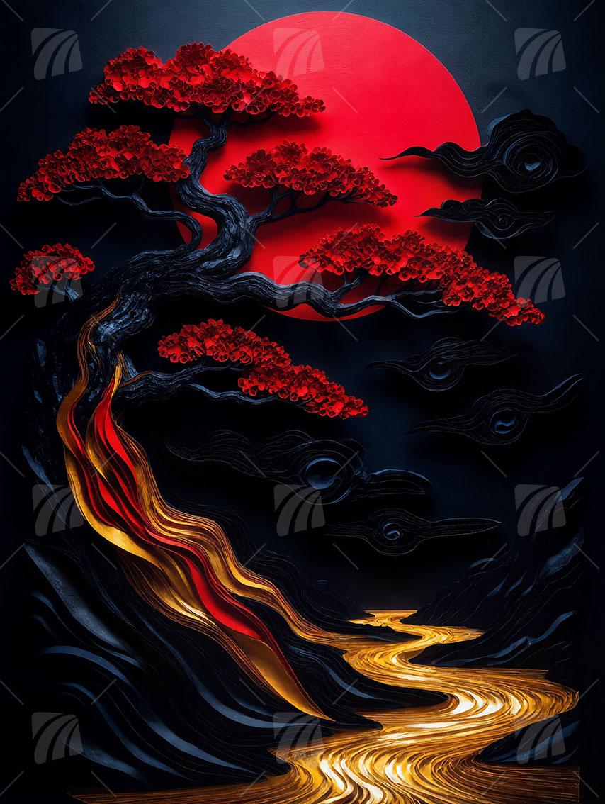 Baum und Fluss Japanische Ästhetik Wandbild auf Aluminium Dibond Spanntuch