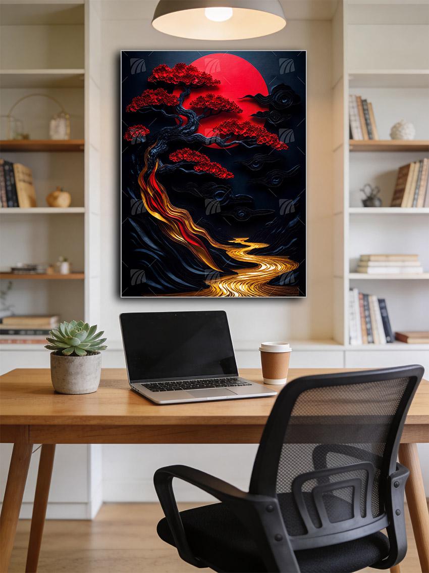 Baum und Fluss Japanische Ästhetik Wandbild – Detailansicht